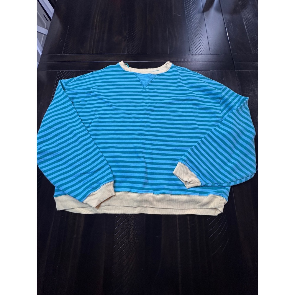We The Free Free People Blue Striped Oversized Sweatshirt Small Teal Cream Trim